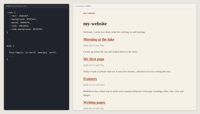 A new background color, link color and font, and the front page with them